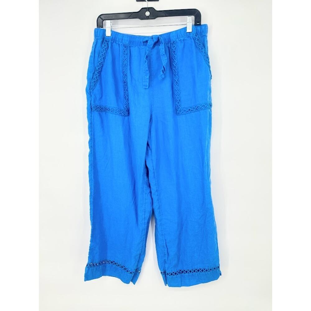 Joie 100% Linen Wide Leg Crochet Cropped Pants Women's Large Blue Coastal Beachy